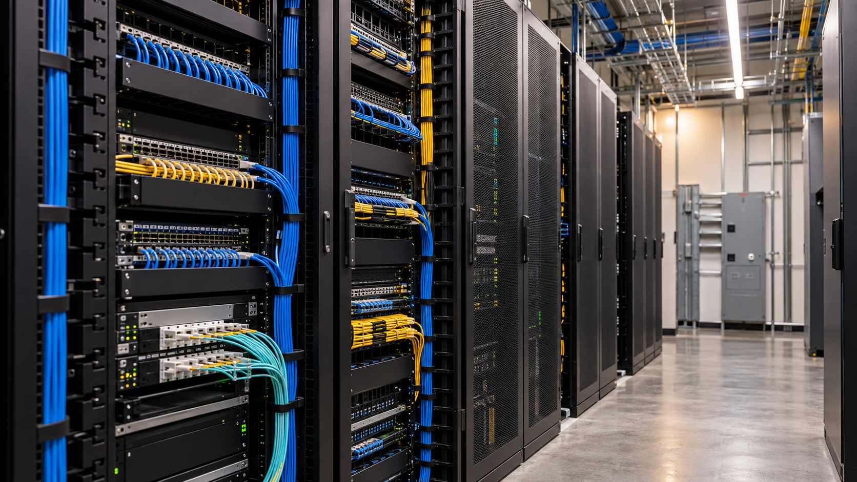 Organized network communications room with racks, patch panels, and structured cabling