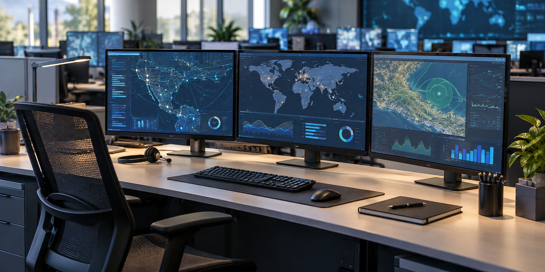 End-user workstation with three monitors in an operations setting